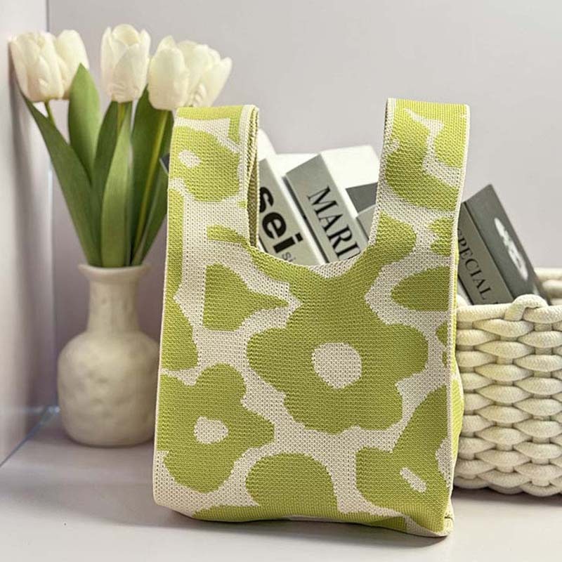 Kosoul Thickened 35x20cm Ins Color Knit Handbag Design Tote Bag Flower Mini Knot Wrist Bag Handmade Shoulder Bag Women Girls Reusable Shopping Bags