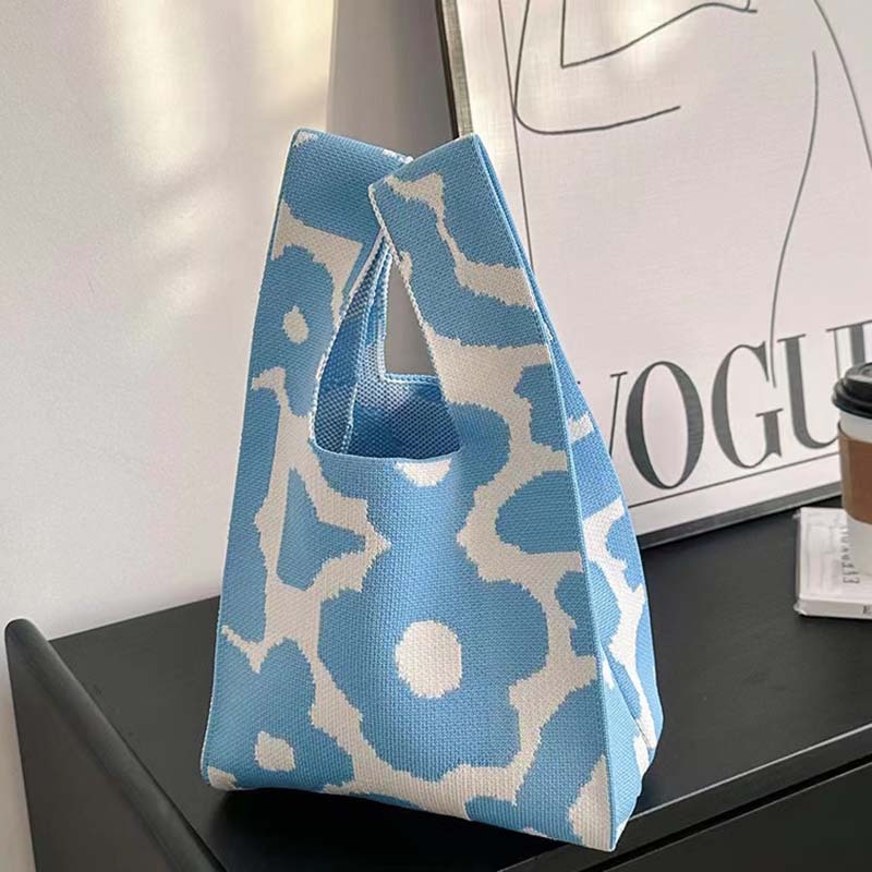 Kosoul Thickened 35x20cm Ins Color Knit Handbag Design Tote Bag Flower Mini Knot Wrist Bag Handmade Shoulder Bag Women Girls Reusable Shopping Bags