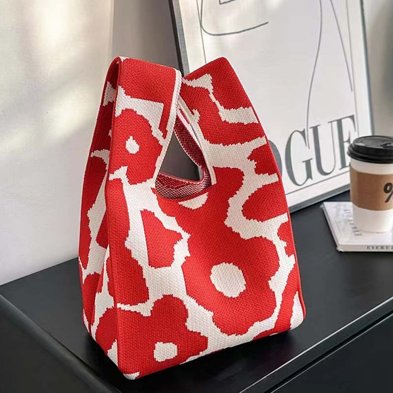Kosoul Thickened 35x20cm Ins Color Knit Handbag Design Tote Bag Flower Mini Knot Wrist Bag Handmade Shoulder Bag Women Girls Reusable Shopping Bags