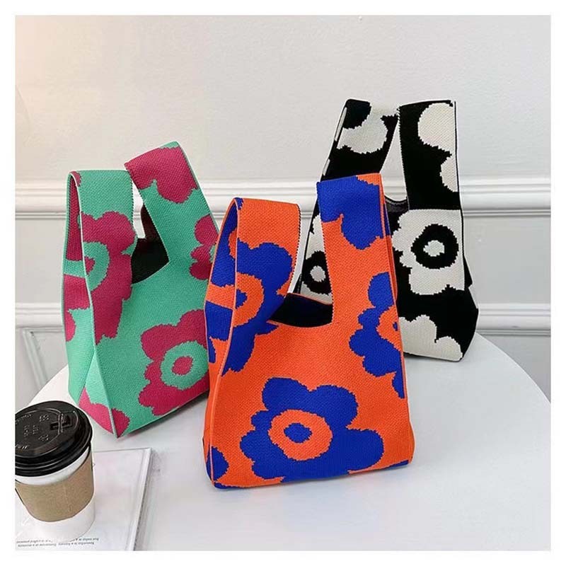Kusoul Thickened 35x20cm Handmade Knitted Bags Mini Wrist Bag Korean-Style Fashion Tote Handbag Reusable Casual Shopping Bag Flower Woven Bags