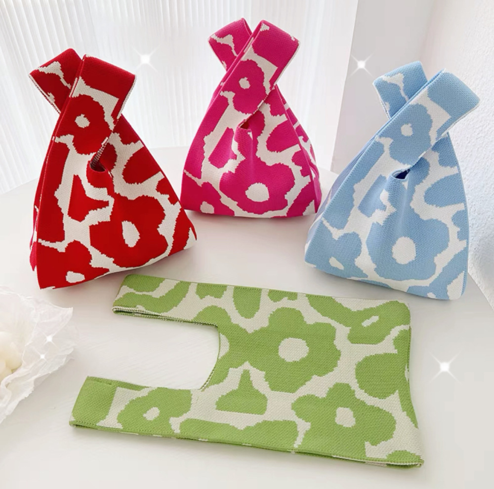 Kosoul Thickened 35x20cm Ins Color Knit Handbag Design Tote Bag Flower Mini Knot Wrist Bag Handmade Shoulder Bag Women Girls Reusable Shopping Bags