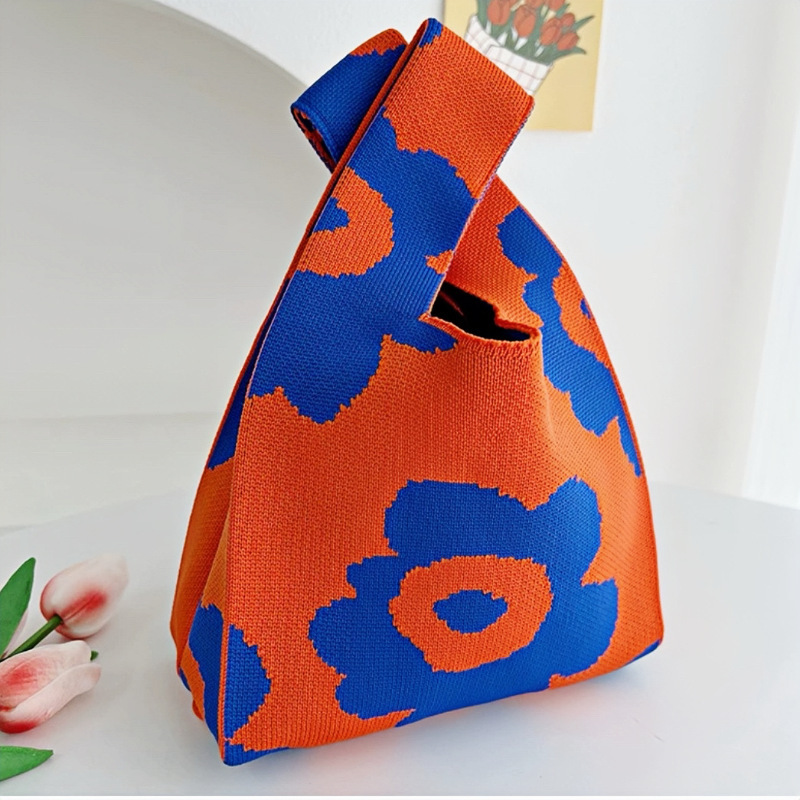 Kusoul Thickened 35x20cm Handmade Knitted Bags Mini Wrist Bag Korean-Style Fashion Tote Handbag Reusable Casual Shopping Bag Flower Woven Bags