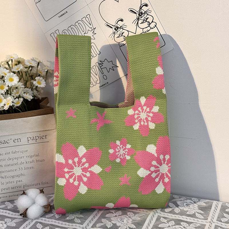 Kosoul Thickened 35x20cm Ins Color Knit Handbag Design Tote Bag Flower Mini Knot Wrist Bag Handmade Shoulder Bag Women Girls Reusable Shopping Bags