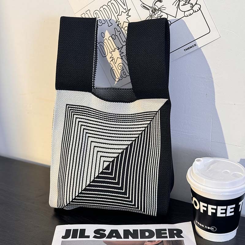 Portable Striped Tote Handmade Knitted Bag Women'S Knot Wrist Bag Bucket Phone Bags Large Capacity Autumn Winter Handbags