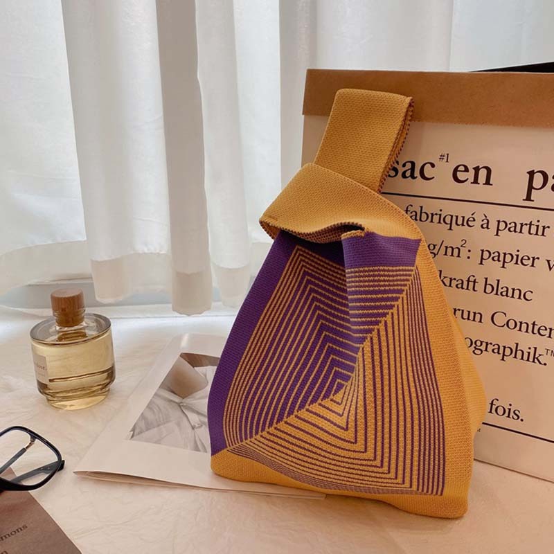 Portable Striped Tote Handmade Knitted Bag Women'S Knot Wrist Bag Bucket Phone Bags Large Capacity Autumn Winter Handbags