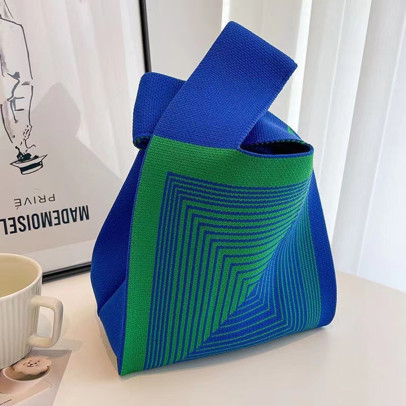 Portable Striped Tote Handmade Knitted Bag Women'S Knot Wrist Bag Bucket Phone Bags Large Capacity Autumn Winter Handbags