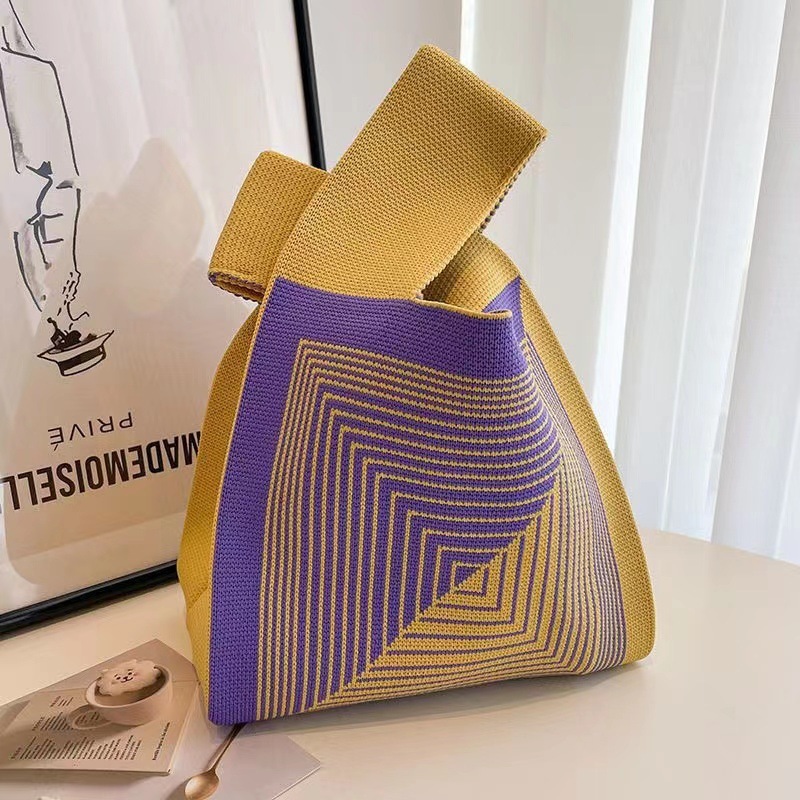 Portable Striped Tote Handmade Knitted Bag Women'S Knot Wrist Bag Bucket Phone Bags Large Capacity Autumn Winter Handbags