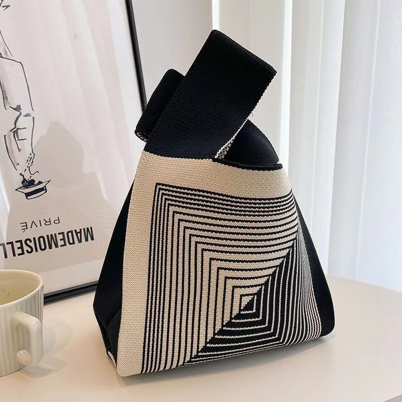 Portable Striped Tote Handmade Knitted Bag Women'S Knot Wrist Bag Bucket Phone Bags Large Capacity Autumn Winter Handbags