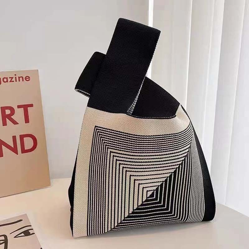Portable Striped Tote Handmade Knitted Bag Women'S Knot Wrist Bag Bucket Phone Bags Large Capacity Autumn Winter Handbags