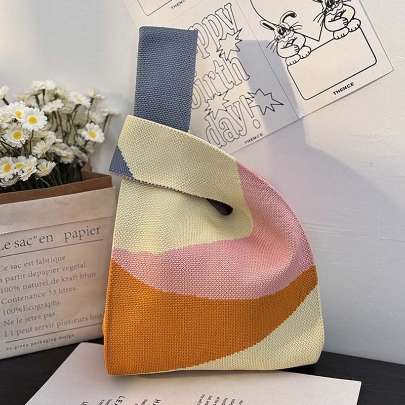 Kusoul Thickened 35x20cm Handmade Knitted Bags Mini Wrist Bag Korean-Style Fashion Tote Handbag Reusable Casual Shopping Bag geometry Woven Bags