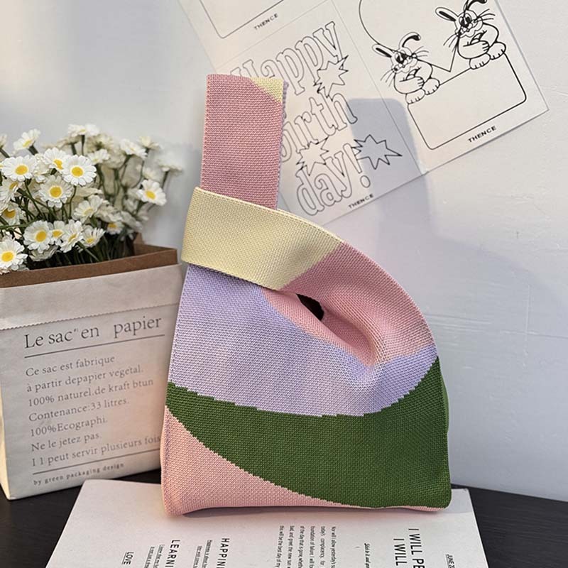 Kusoul Thickened 35x20cm Handmade Knitted Bags Mini Wrist Bag Korean-Style Fashion Tote Handbag Reusable Casual Shopping Bag geometry Woven Bags