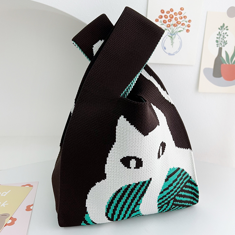 Kusoul Thickened 35x20cm Handmade Knitted Bags Mini Wrist Bag Korean-Style Fashion Tote Handbag Reusable Casual Shopping Bag Cat hugging a ball Woven Bags