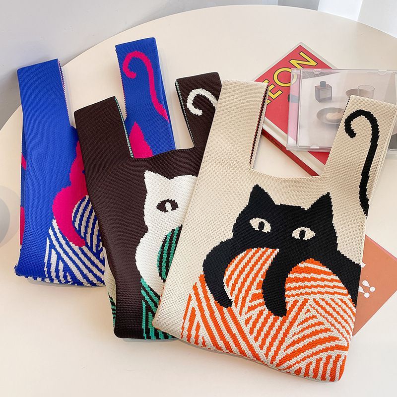 Kusoul Thickened 35x20cm Handmade Knitted Bags Mini Wrist Bag Korean-Style Fashion Tote Handbag Reusable Casual Shopping Bag Cat hugging a ball Woven Bags