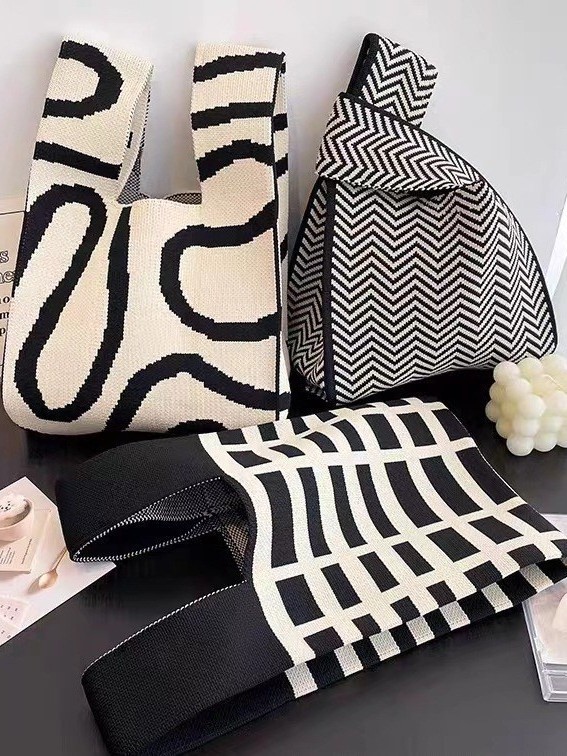 Kusoul 35x20cm Thickened Women'S Knot Wrist Bag Portable Mini Geometric curves Tote Handmade Knitted Bag Bucket Phone Bags Large Capacity Autumn Winter Handbags