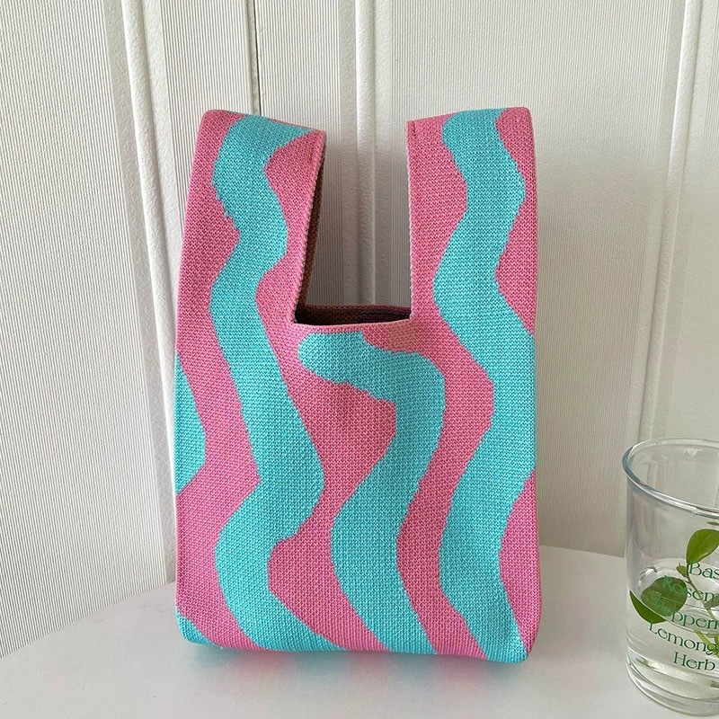 Kusoul 35x20cm Thickened Women'S Knot Wrist Bag Portable Mini Geometric curves Striped Tote Handmade Knitted Bag Bucket Phone Bags Large Capacity Autumn Winter Handbags