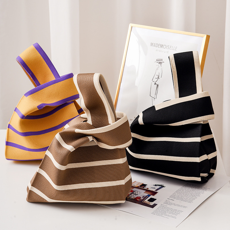 Kusoul 35x20cm Thickened Women'S Knot Wrist Bag Portable Mini Horizontal Striped Tote Handmade Knitted Bag Bucket Phone Bags Large Capacity Autumn Winter Handbags