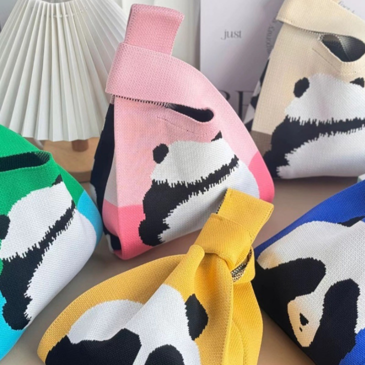 Kosoul Thickened 35x20cm Fashion Knitted Knot Wrist Bag Cartoon Large Capacity Handbag Handmade Tote Bag for Women Girls Back to the panda,A and B sides have different patterns