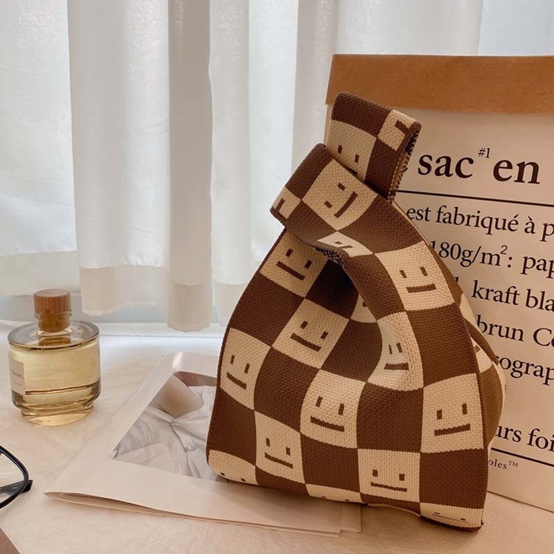 Kusoul Thickened 35x20cm Women'S Knot Wrist Bag Handmade Knitted Bag Portable lattice Mini smiley face Tote Bucket Phone Bags Large Capacity Autumn Winter Handbags