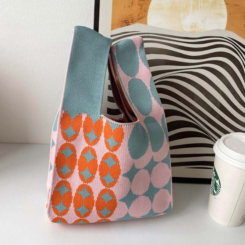 Kosoul 35x20cm Thickened Star Circle Geometry Knit Handbag Fashion Knit Handmade Shopping Bags High-capacity Knot Wrist Bag Girls Knitted bags