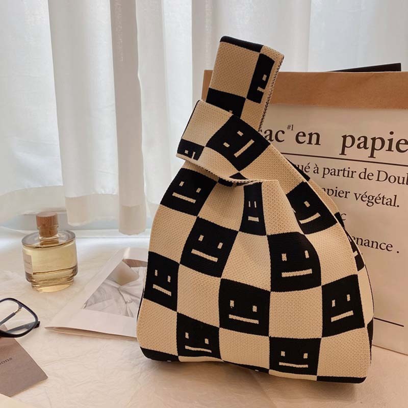 Kusoul Thickened 35x20cm Women'S Knot Wrist Bag Handmade Knitted Bag Portable lattice Mini smiley face Tote Bucket Phone Bags Large Capacity Autumn Winter Handbags