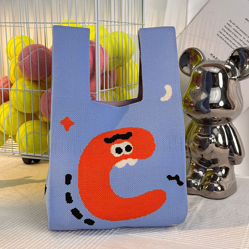 Kusoul Thickened 35x20cm Handmade Knitted Bags Mini Wrist Bag Korean-Style Fashion Tote Handbag Reusable Casual Shopping Bag English alphabet Letter Woven Bags