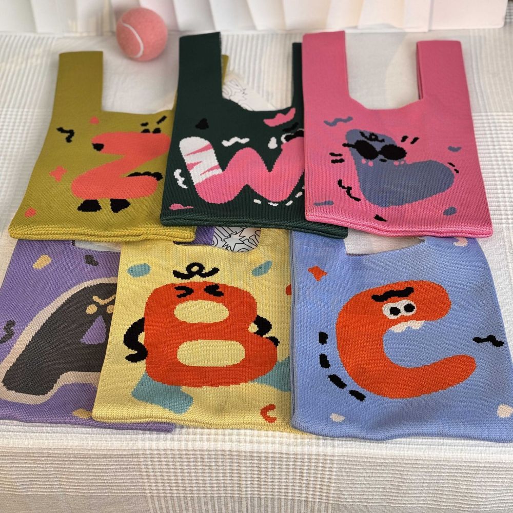 Kusoul Thickened 35x20cm Handmade Knitted Bags Mini Wrist Bag Korean-Style Fashion Tote Handbag Reusable Casual Shopping Bag English alphabet Letter Woven Bags