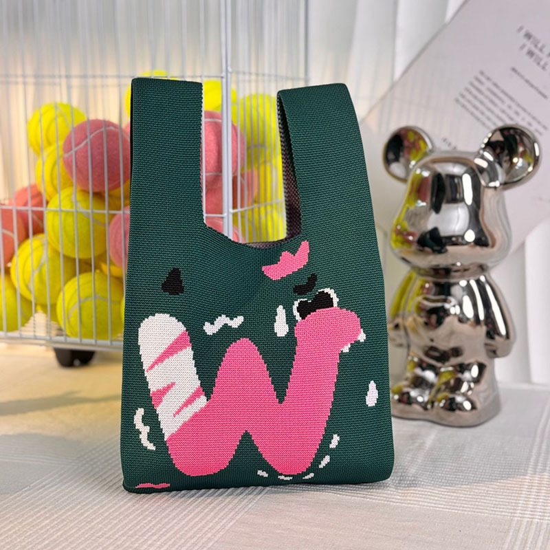 Kusoul Thickened 35x20cm Handmade Knitted Bags Mini Wrist Bag Korean-Style Fashion Tote Handbag Reusable Casual Shopping Bag English alphabet Letter Woven Bags