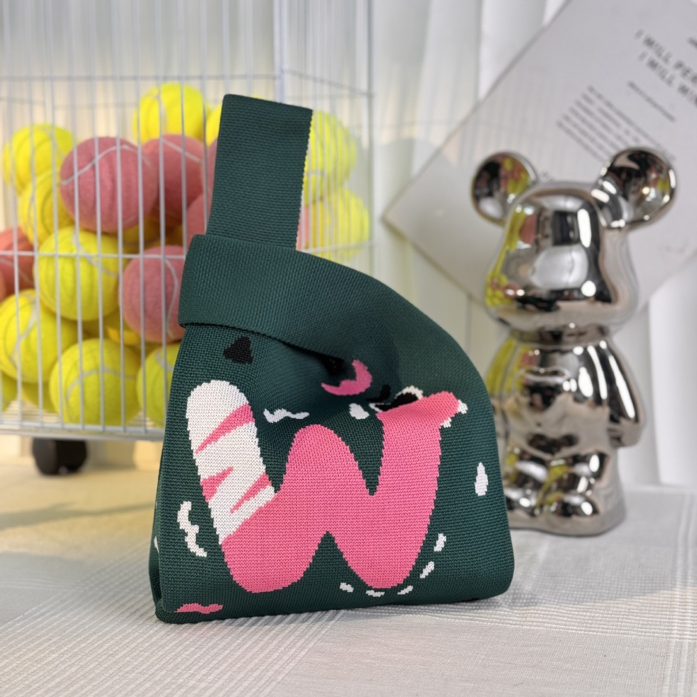 Kusoul Thickened 35x20cm Handmade Knitted Bags Mini Wrist Bag Korean-Style Fashion Tote Handbag Reusable Casual Shopping Bag English alphabet Letter Woven Bags