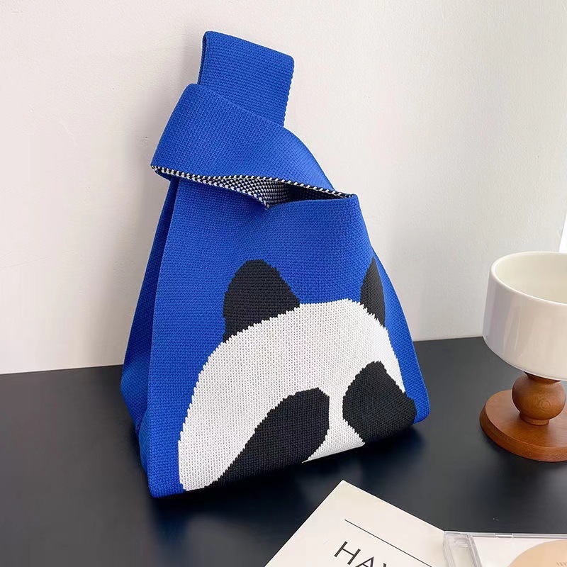 Kusoul Thickened 35x20cm Handmade Knitted Bags Mini Wrist Bag Korean-Style Fashion Tote Handbag Reusable Casual Shopping Bag Panda covering eyes Woven Bags