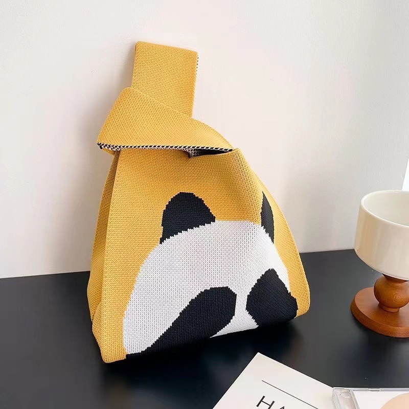 Kusoul Thickened 35x20cm Handmade Knitted Bags Mini Wrist Bag Korean-Style Fashion Tote Handbag Reusable Casual Shopping Bag Panda covering eyes Woven Bags