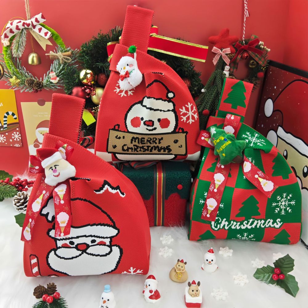 Kosoul 35x20cm Portable Santa Claus Snowman Christmas Knit Bag Christmas Tree Reusable Women Handbag Tote Bag
