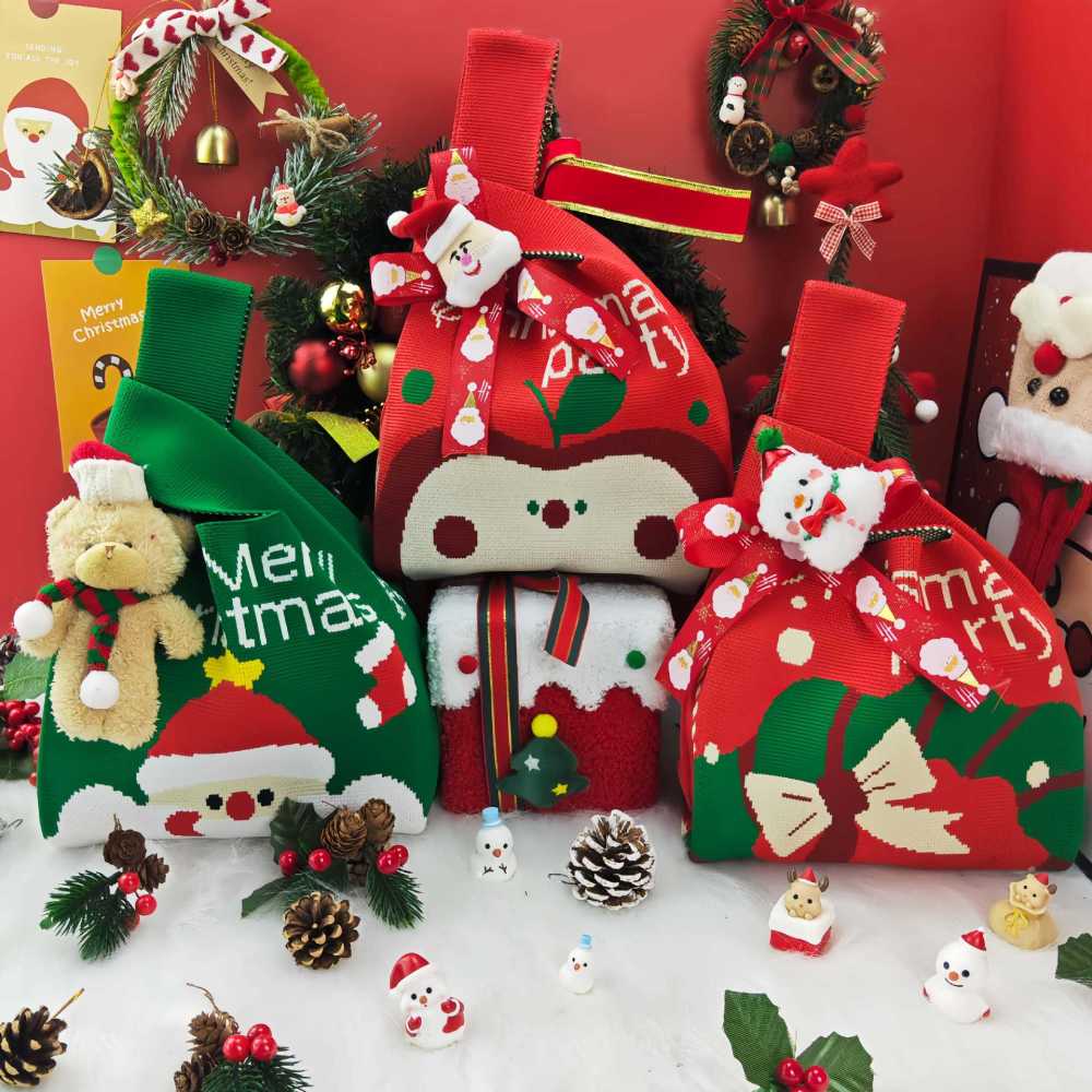 Kosoul 35x20cm Portable Santa Claus Snowman Christmas Knit Bag Christmas Tree Reusable Women Handbag Tote Bag