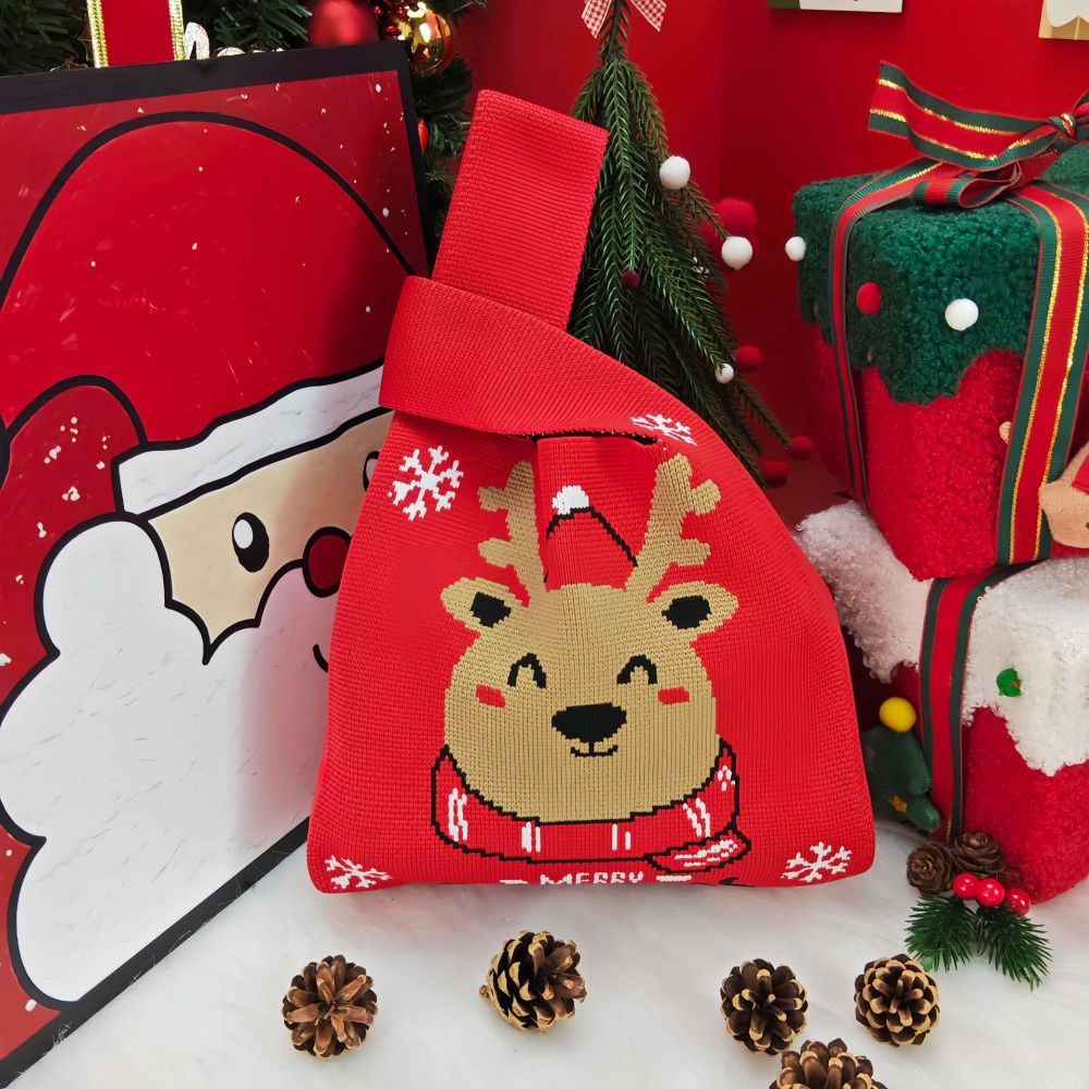 Kosoul 35x20cm Portable Santa Claus Snowman Christmas Knit Bag Christmas Tree Reusable Women Handbag Tote Bag