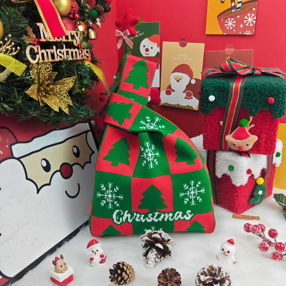 Kosoul 35x20cm Portable Santa Claus Snowman Christmas Knit Bag Christmas Tree Reusable Women Handbag Tote Bag