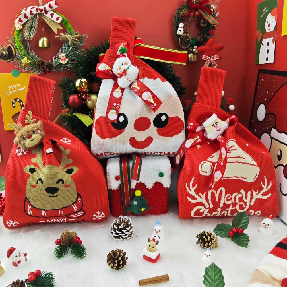 Kosoul 35x20cm Portable Santa Claus Snowman Christmas Knit Bag Christmas Tree Reusable Women Handbag Tote Bag