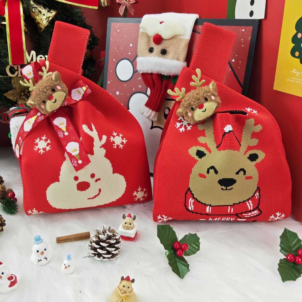 Kosoul 35x20cm Portable Santa Claus Snowman Christmas Knit Bag Christmas Tree Reusable Women Handbag Tote Bag