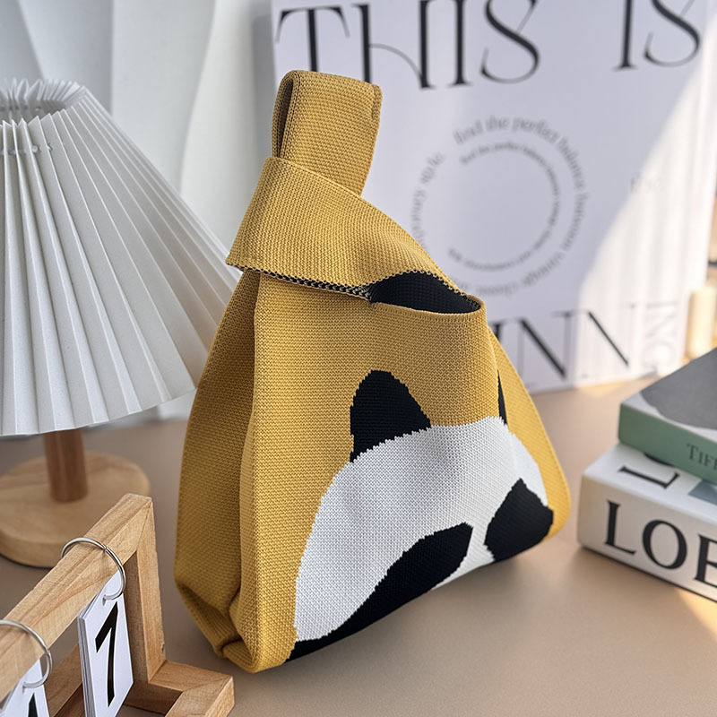 Kusoul Thickened 35x20cm Handmade Knitted Bags Mini Wrist Bag Korean-Style Fashion Tote Handbag Reusable Casual Shopping Bag Panda covering eyes Woven Bags