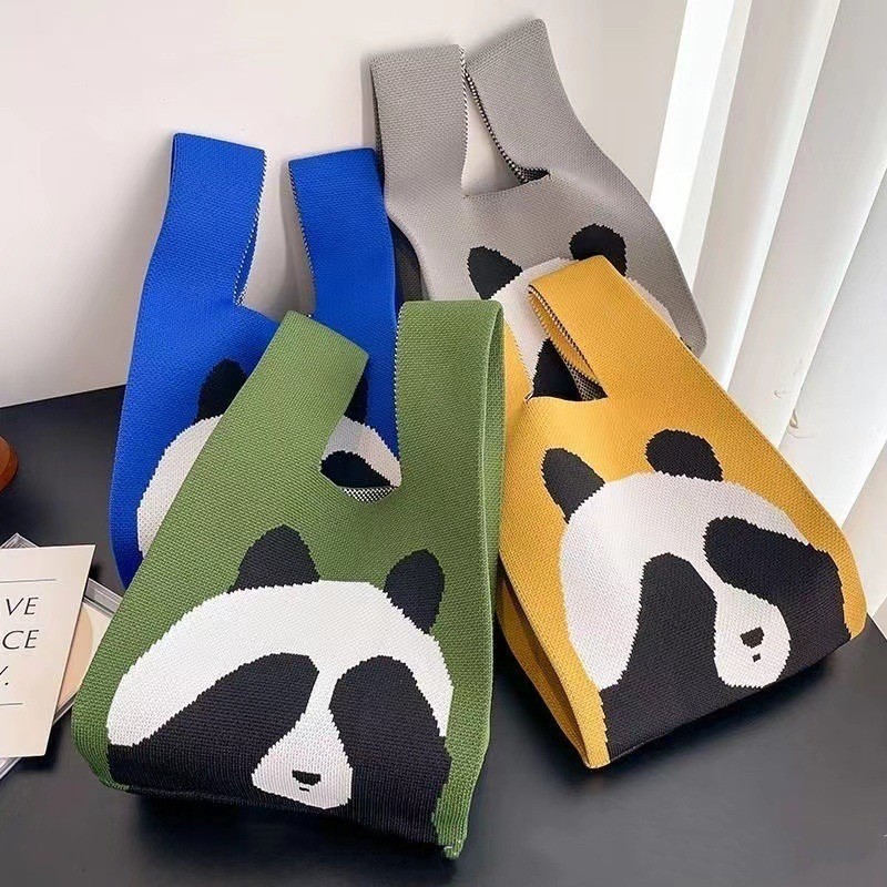 Kusoul Thickened 35x20cm Handmade Knitted Bags Mini Wrist Bag Korean-Style Fashion Tote Handbag Reusable Casual Shopping Bag Panda covering eyes Woven Bags