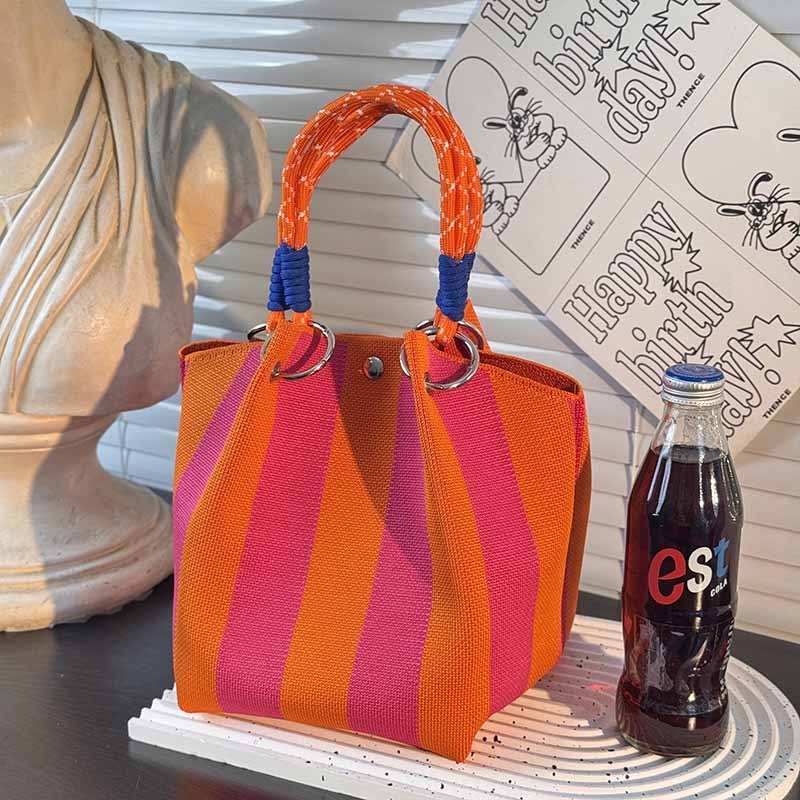 Kosoul 23x17x16cm Vertical stripes casual Handbag For Women Lightweight yellow orange red blue Stripes Print Knit Small Bucket bags for Women