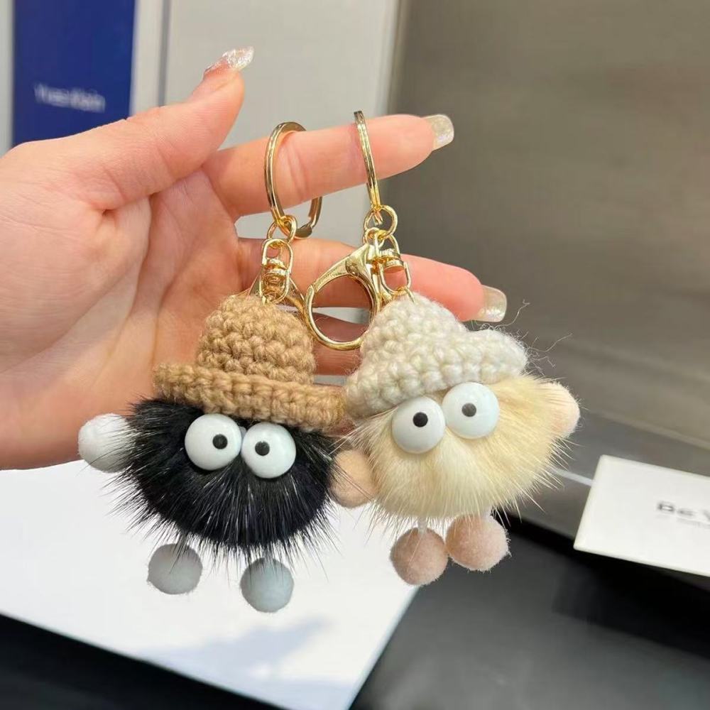 Kosoul Knitted bag charm, faux mink fur cute little coal ball plush charm, car keychain charm, small ornament, plush bag charm, backpack charm