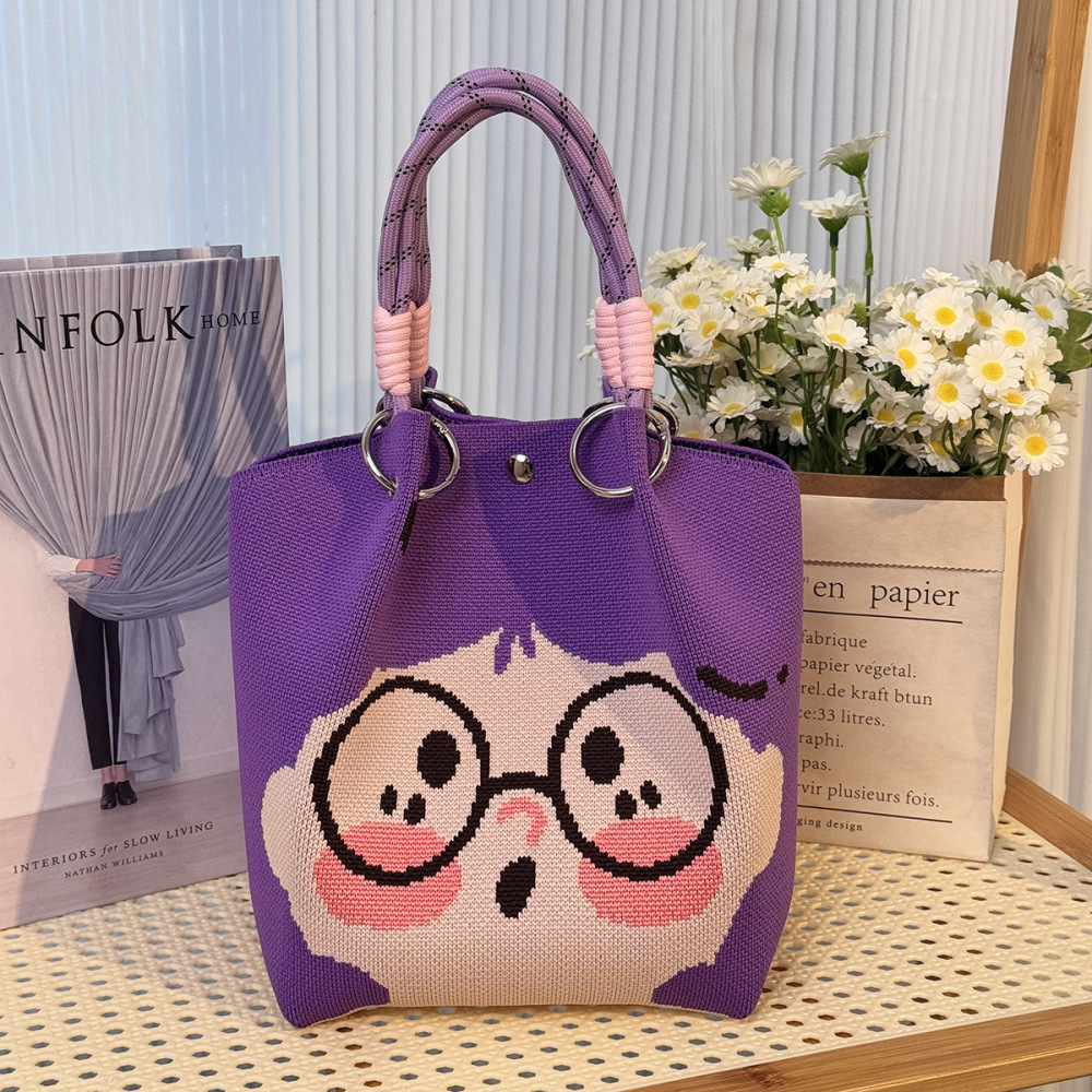 Kosoul 23x17x16cm Cute face Niche Knitted Ring Buckle Top Handle Bag Handmade Knitting Bucket Bag Magnetic Buckle Handbag Women Fashion Totes Bag Wrist Bag