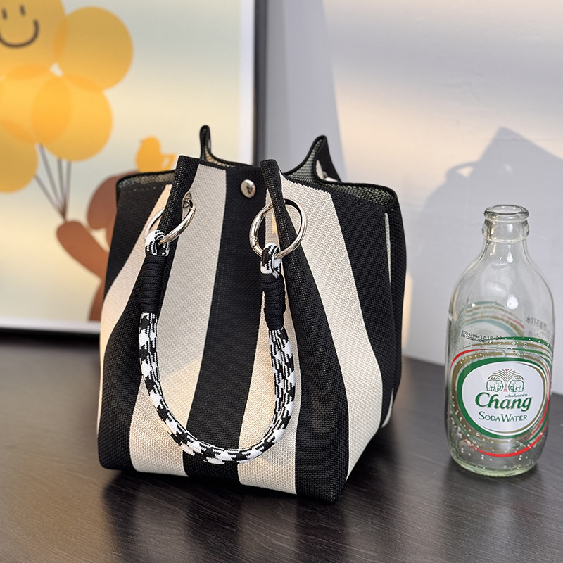 Kosoul 23x17x16cm Vertical stripes casual Handbag For Women Lightweight yellow orange red blue Stripes Print Knit Small Bucket bags for Women