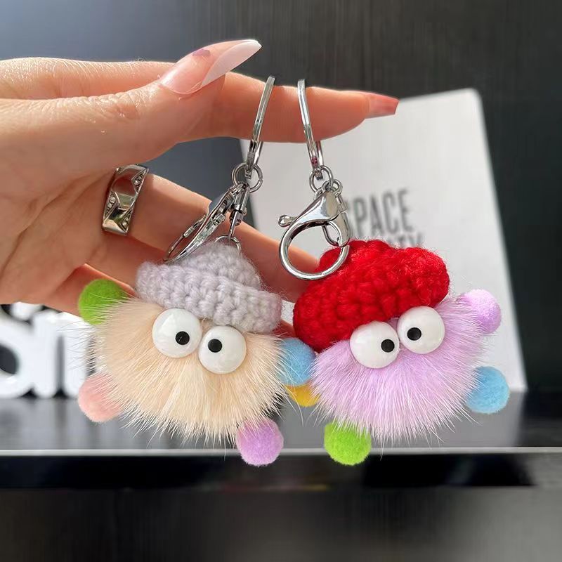 Kosoul Knitted bag charm, faux mink fur cute little coal ball plush charm, car keychain charm, small ornament, plush bag charm, backpack charm