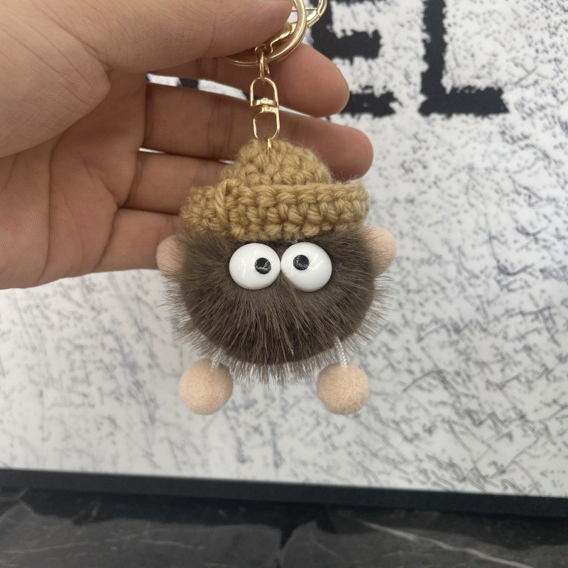 Kosoul Knitted bag charm, faux mink fur cute little coal ball plush charm, car keychain charm, small ornament, plush bag charm, backpack charm