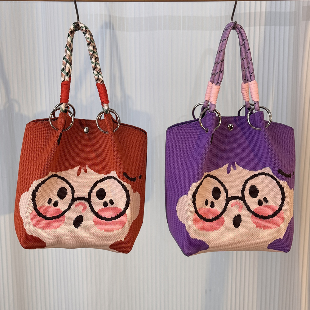 Kosoul 23x17x16cm Cute face Niche Knitted Ring Buckle Top Handle Bag Handmade Knitting Bucket Bag Magnetic Buckle Handbag Women Fashion Totes Bag Wrist Bag