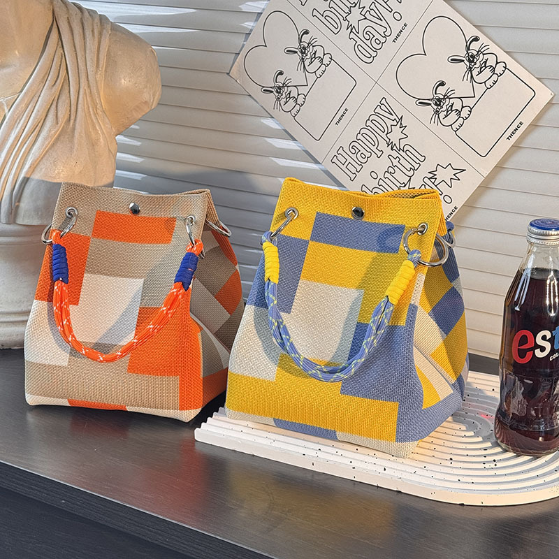 Kosoul 23x17x16cm  geometric grid casual Handbag For Women Lightweight yellow orange red blue Stripes Print Knit Small Bucket bags for Women