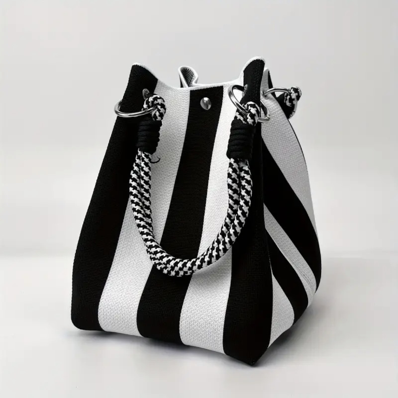 Kosoul 23x17x16cm Vertical stripes casual Handbag For Women Lightweight yellow orange red blue Stripes Print Knit Small Bucket bags for Women