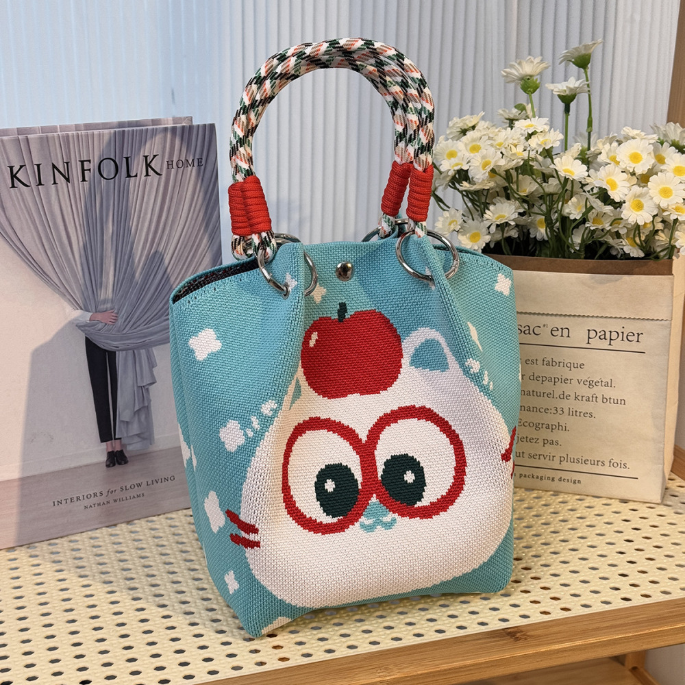 Kosoul 23x17x16cm Cute face Niche Knitted Ring Buckle Top Handle Bag Handmade Knitting Bucket Bag Magnetic Buckle Handbag Women Fashion Totes Bag Wrist Bag
