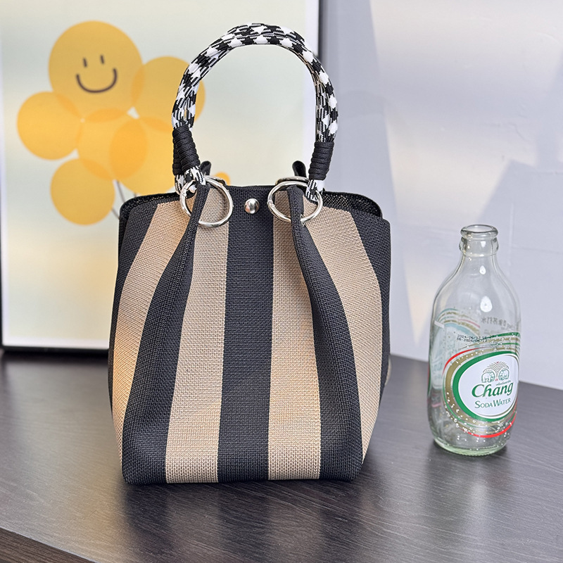 Kosoul 23x17x16cm Vertical stripes casual Handbag For Women Lightweight yellow orange red blue Stripes Print Knit Small Bucket bags for Women
