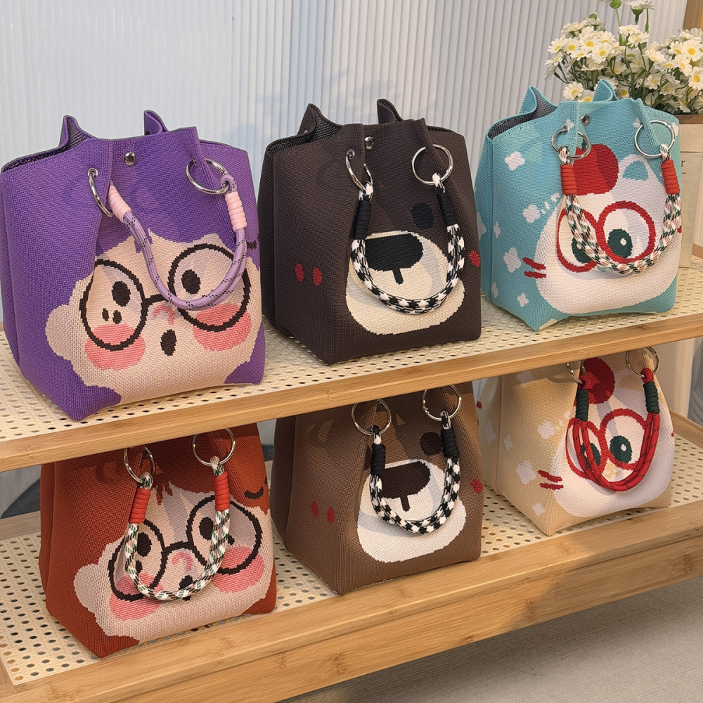 Kosoul 23x17x16cm Cute face Niche Knitted Ring Buckle Top Handle Bag Handmade Knitting Bucket Bag Magnetic Buckle Handbag Women Fashion Totes Bag Wrist Bag